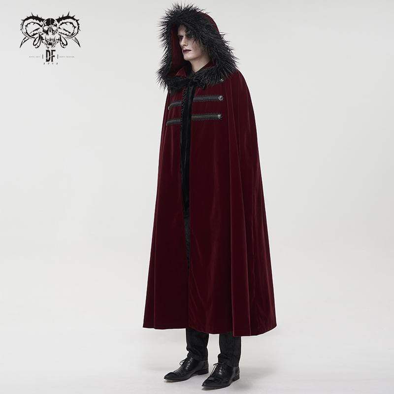 DEVIL FASHION Men's Gothic Floral Long Coat with Hood Red