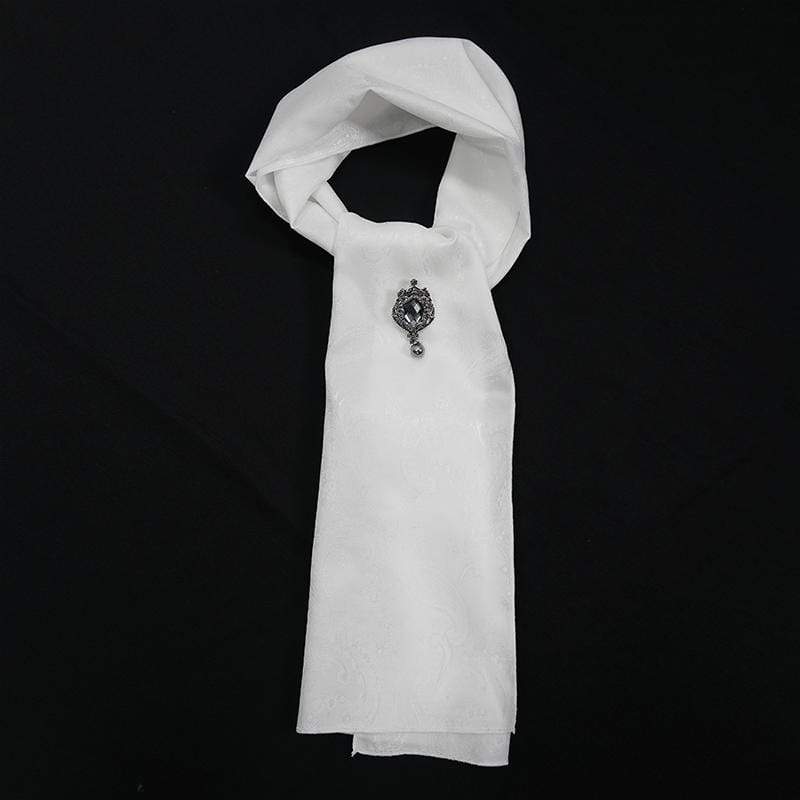 DEVIL FASHION Men's Gothic Floral Printed Crystal Stone Necktie White