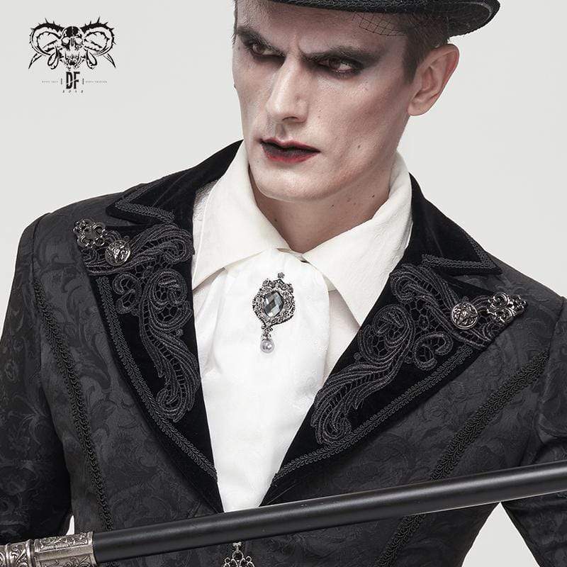 DEVIL FASHION Men's Gothic Floral Printed Crystal Stone Necktie White