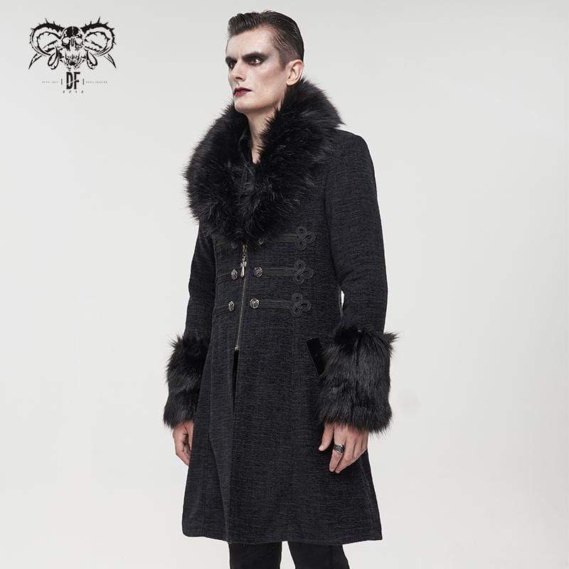 DEVIL FASHION Men's Gothic Floral Zipper Coat with Detachable Faux Fur