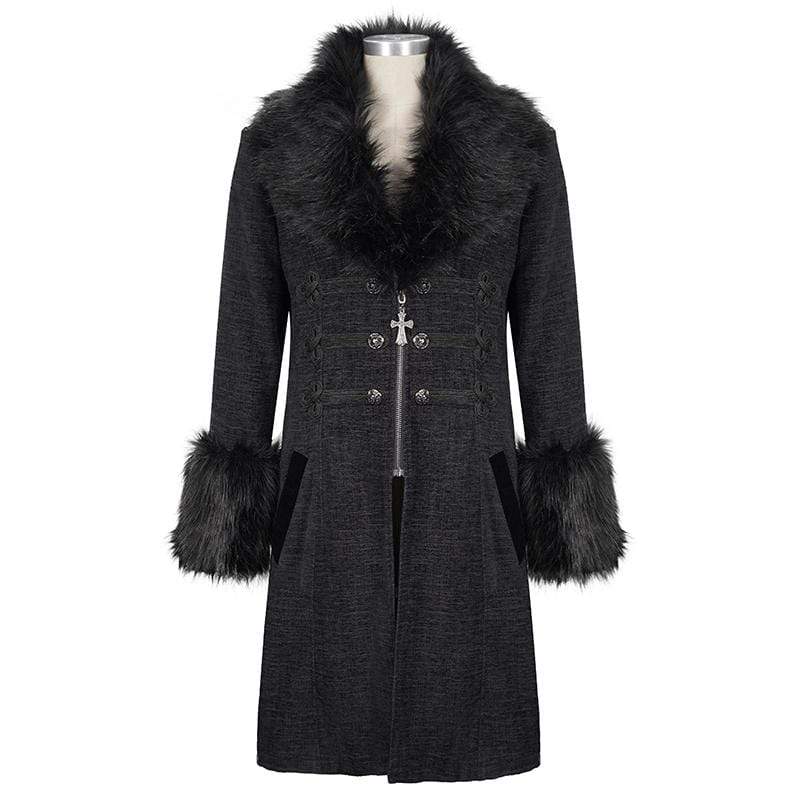 DEVIL FASHION Men's Gothic Floral Zipper Coat with Detachable Faux Fur