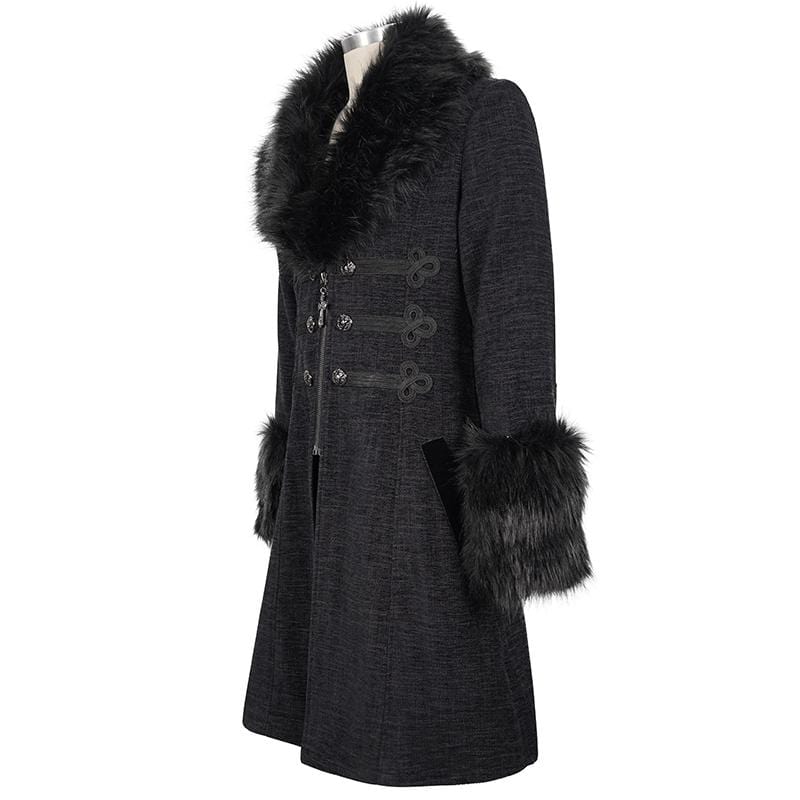 DEVIL FASHION Men's Gothic Floral Zipper Coat with Detachable Faux Fur