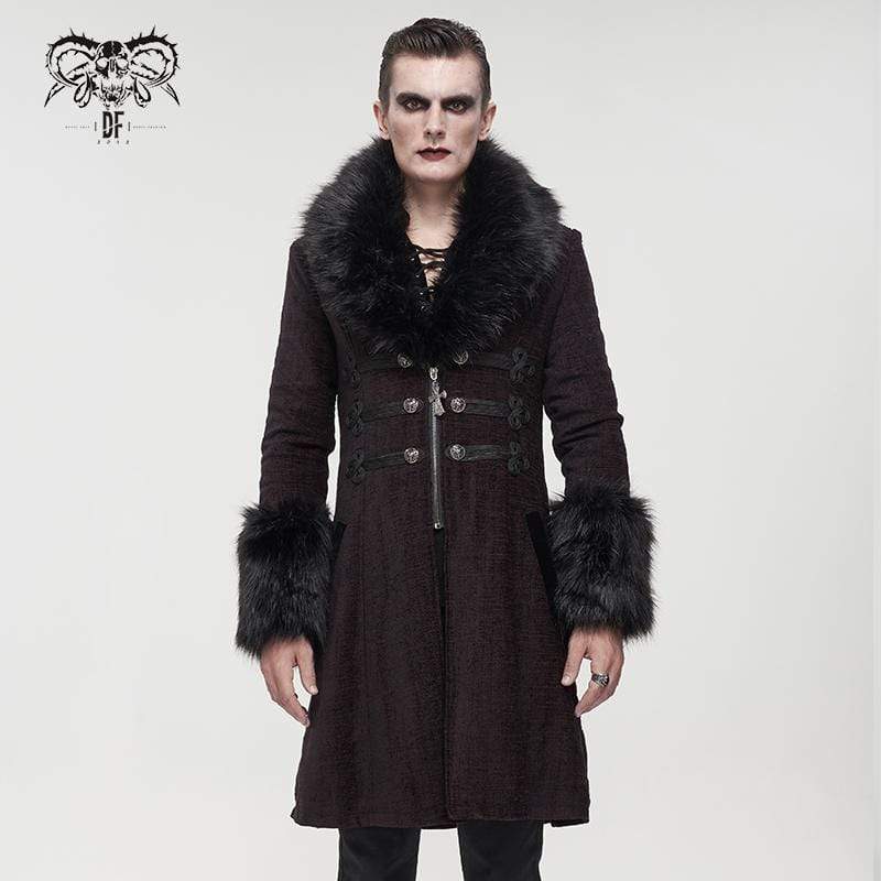 DEVIL FASHION Men's Gothic Floral Zipper Red Coat with Detachable Faux Fur