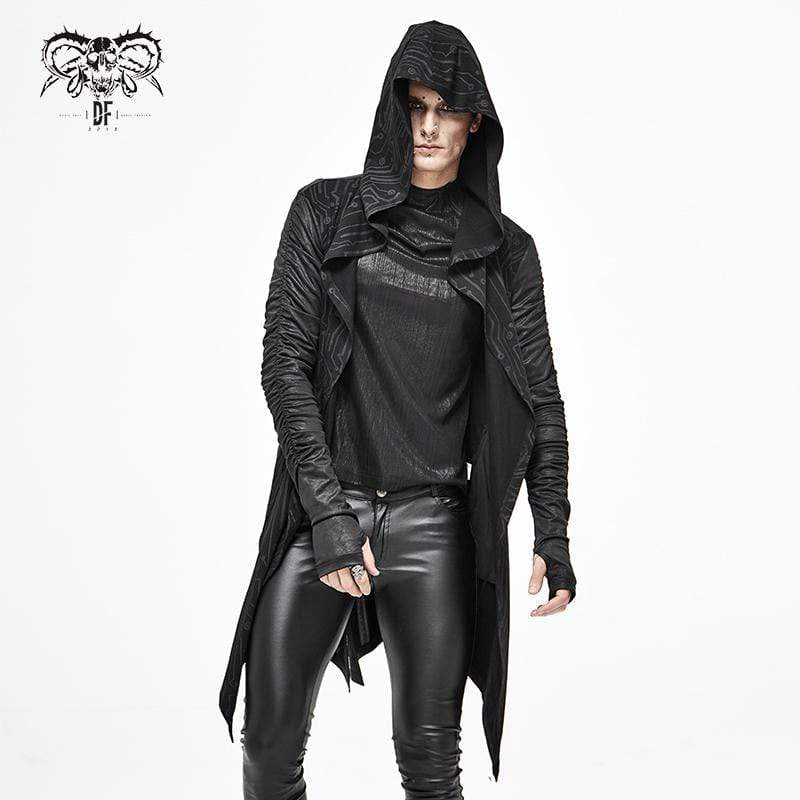 Men's Gothic Irregular Ruched Black Long Jacket with Hood