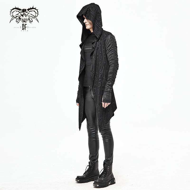 Men's Gothic Irregular Ruched Black Long Jacket with Hood