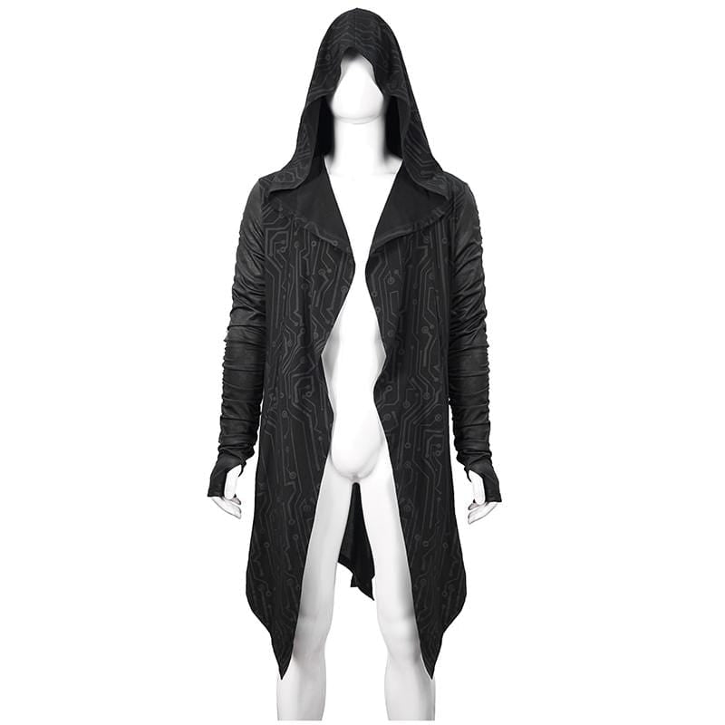 Men's Gothic Irregular Ruched Black Long Jacket with Hood