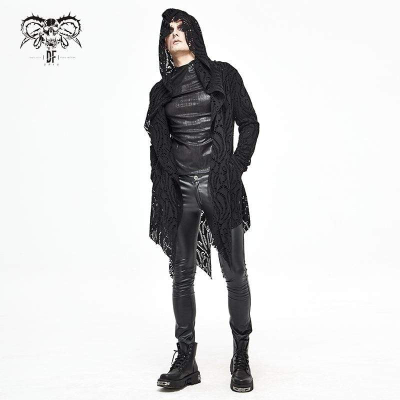 Men's Gothic Lace-up Black Crochet Coat with Hood