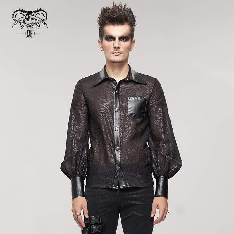 DEVIL FASHION Men's Gothic Puff Sleeved Faux Leather Splice Shirt