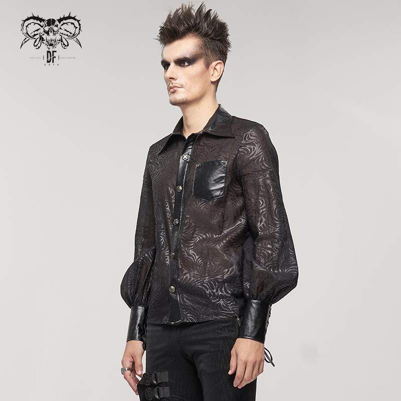 DEVIL FASHION Men's Gothic Puff Sleeved Faux Leather Splice Shirt