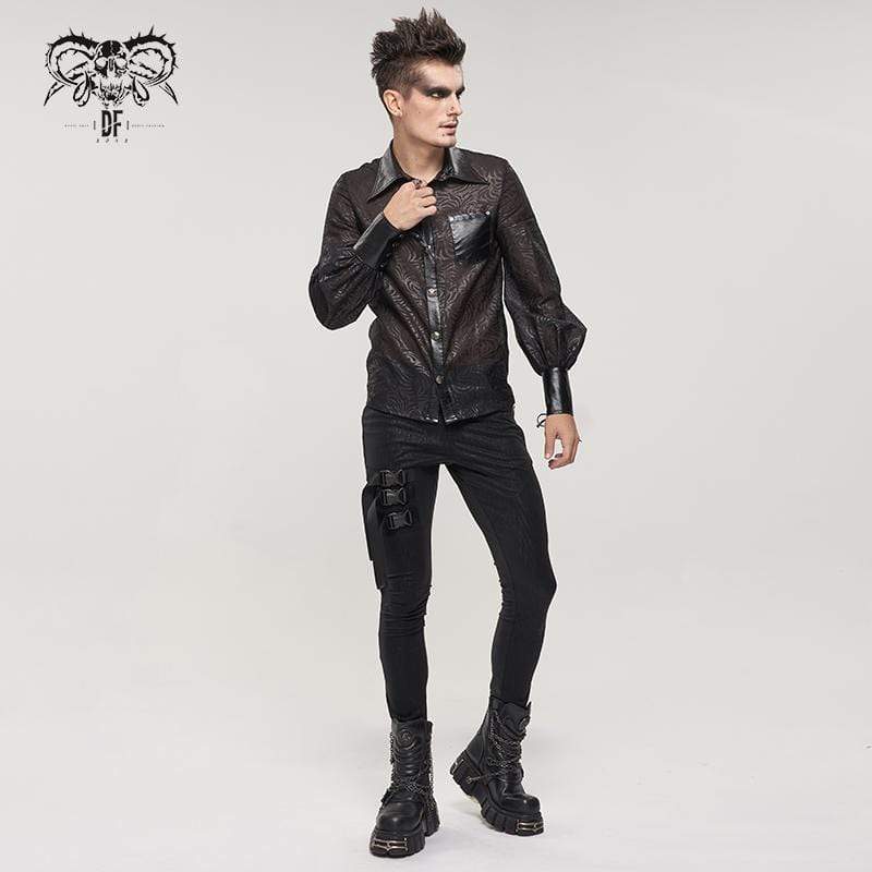 DEVIL FASHION Men's Gothic Puff Sleeved Faux Leather Splice Shirt