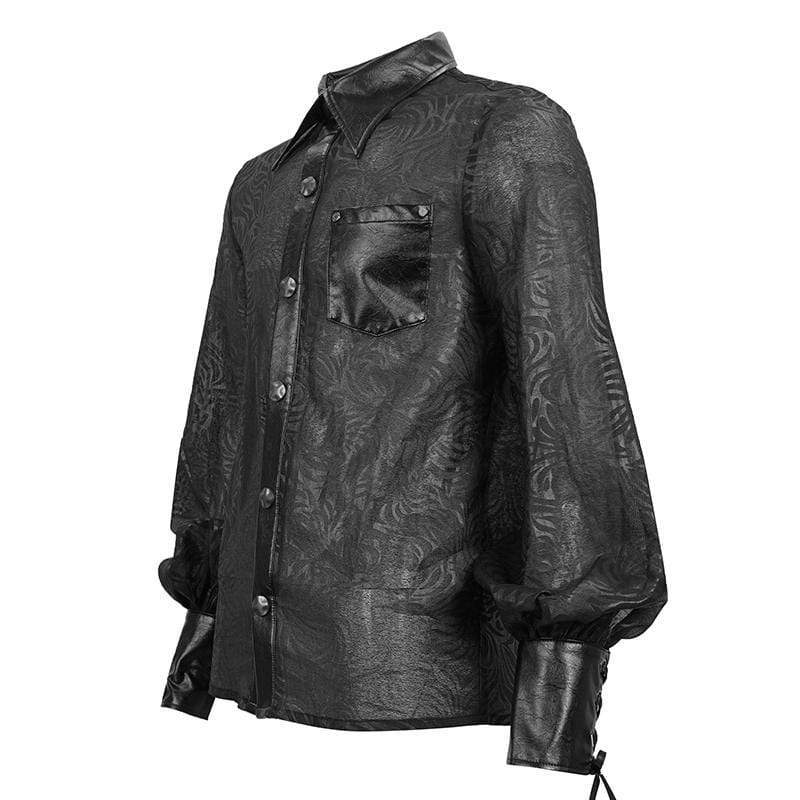 DEVIL FASHION Men's Gothic Puff Sleeved Faux Leather Splice Shirt