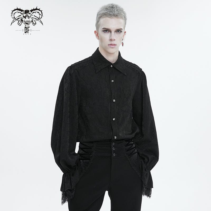 DEVIL FASHION Men's Gothic Puff Sleeved Lace Hem Shirt Black