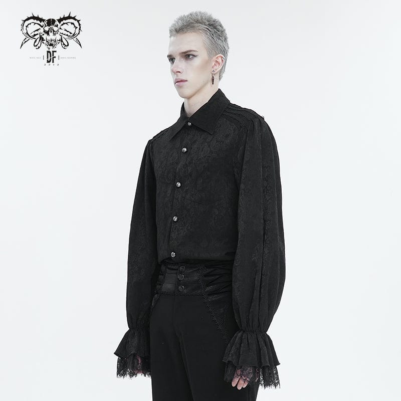 DEVIL FASHION Men's Gothic Puff Sleeved Lace Hem Shirt Black