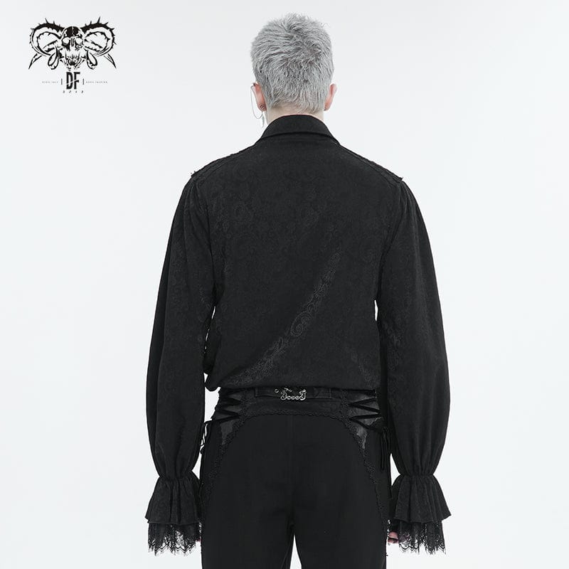 DEVIL FASHION Men's Gothic Puff Sleeved Lace Hem Shirt Black