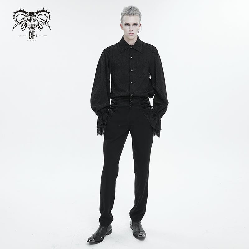 DEVIL FASHION Men's Gothic Puff Sleeved Lace Hem Shirt Black