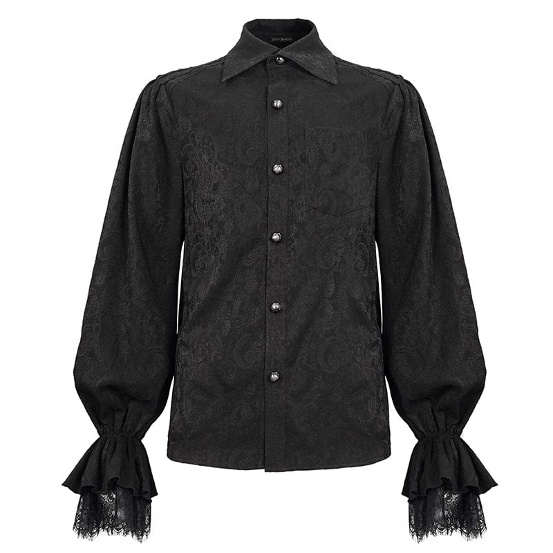 DEVIL FASHION Men's Gothic Puff Sleeved Lace Hem Shirt Black