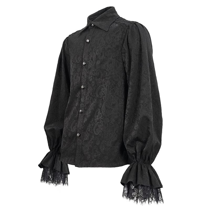 DEVIL FASHION Men's Gothic Puff Sleeved Lace Hem Shirt Black