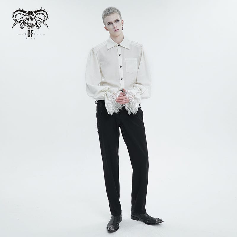 DEVIL FASHION Men's Gothic Puff Sleeved Lace Hem Shirt White