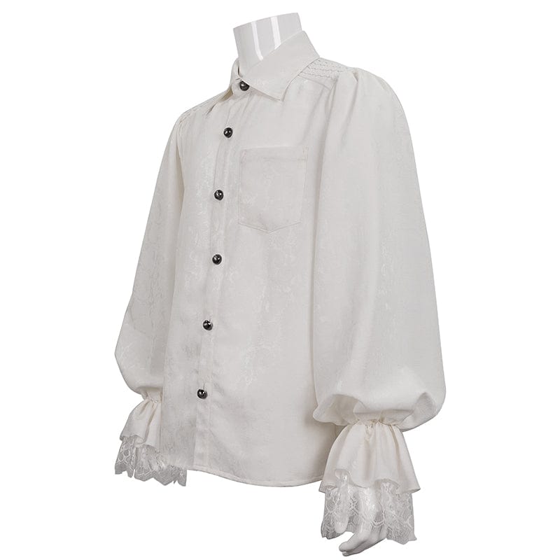 DEVIL FASHION Men's Gothic Puff Sleeved Lace Hem Shirt White