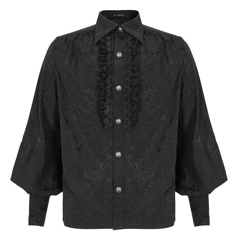 DEVIL FASHION Men's Gothic Puff Sleeved Lace Splice Shirt Black