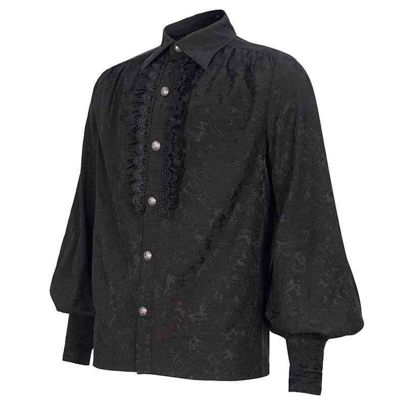 DEVIL FASHION Men's Gothic Puff Sleeved Lace Splice Shirt Black