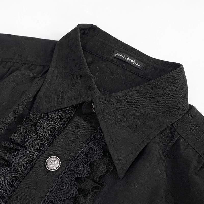 DEVIL FASHION Men's Gothic Puff Sleeved Lace Splice Shirt Black