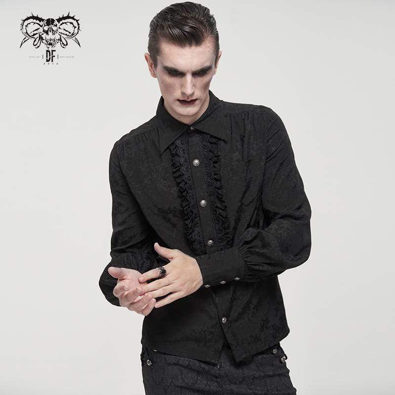 DEVIL FASHION Men's Gothic Puff Sleeved Lace Splice Shirt Black