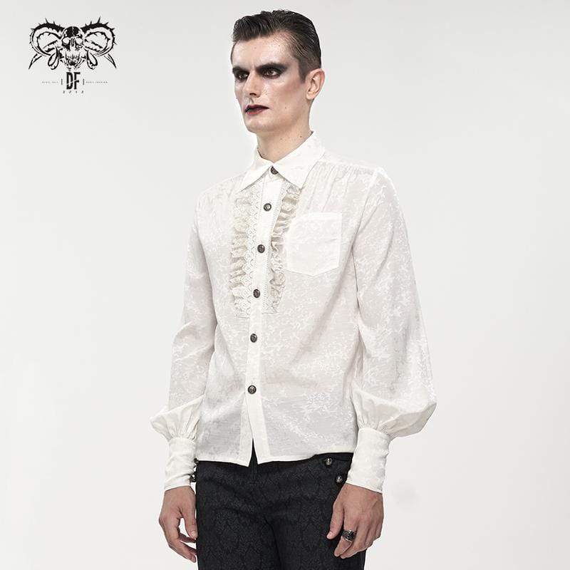 DEVIL FASHION Men's Gothic Puff Sleeved Lace Splice Shirt White