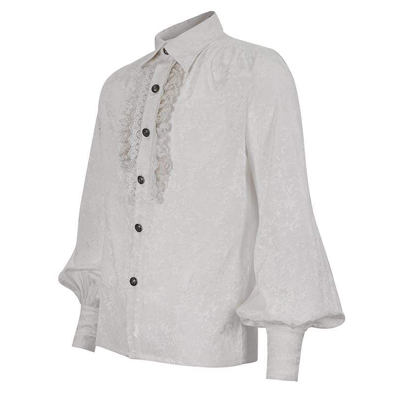 DEVIL FASHION Men's Gothic Puff Sleeved Lace Splice Shirt White