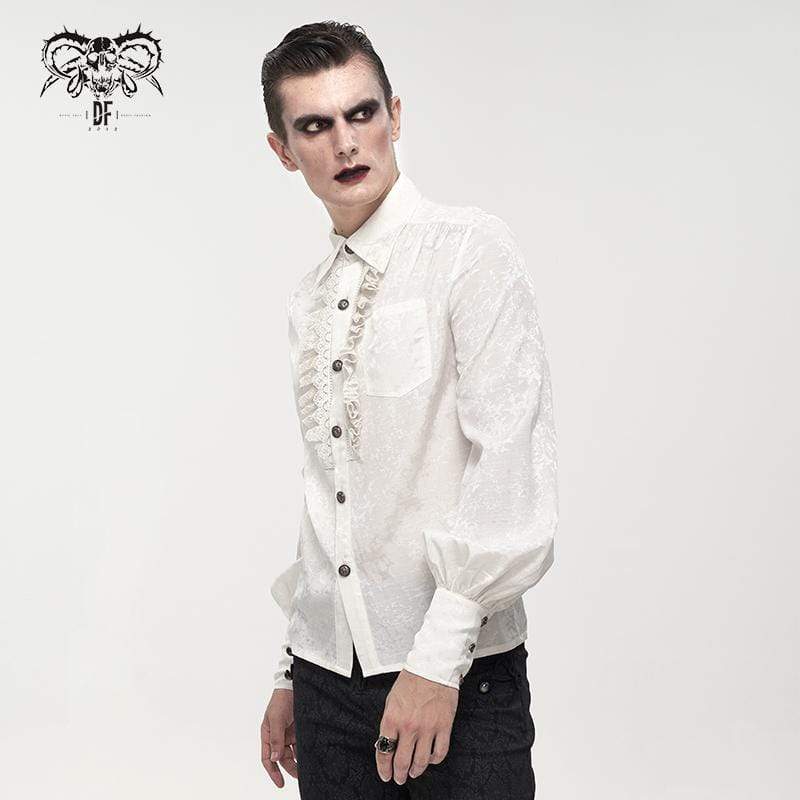 DEVIL FASHION Men's Gothic Puff Sleeved Lace Splice Shirt White