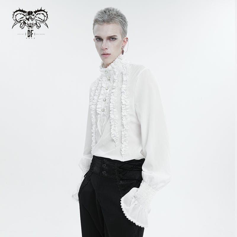 DEVIL FASHION Men's Gothic Puff Sleeved Ruffled Shirt White