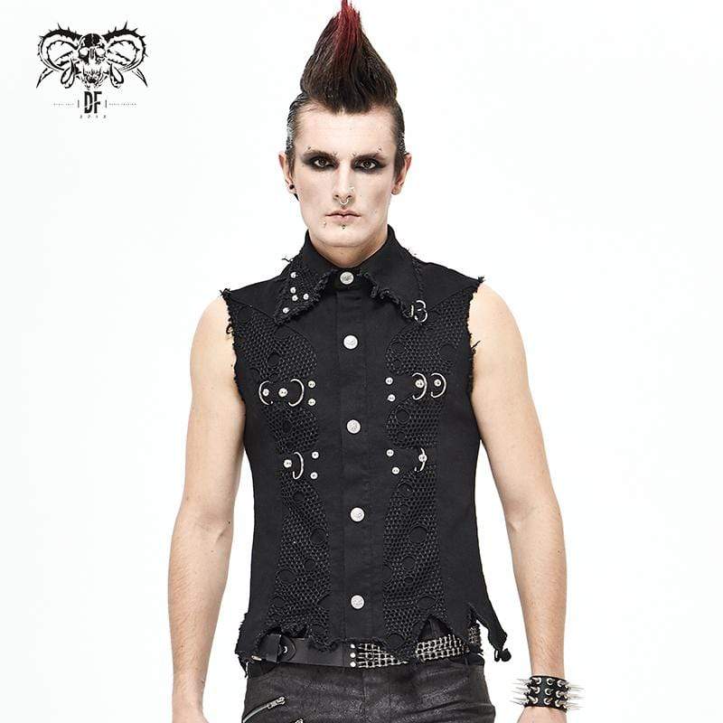 Men's Gothic Punk Ripped Turndown Collar Black Shirt with Irregular Hem