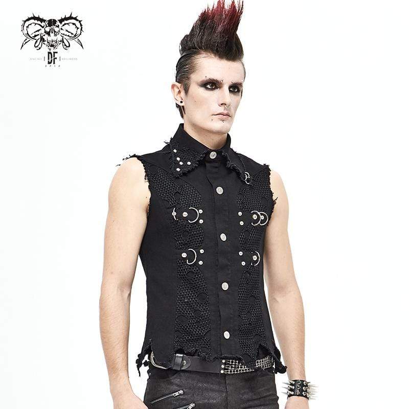 Men's Gothic Punk Ripped Turndown Collar Black Shirt with Irregular Hem