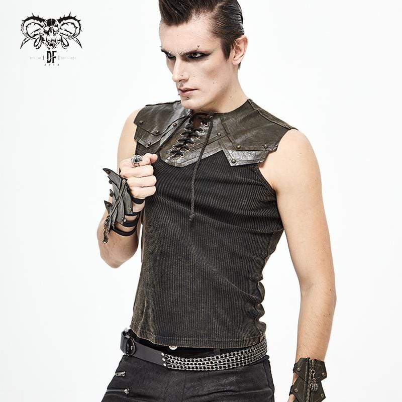 Men's Gothic Punk Slim Fitted Lace-Up Tank Tops Brown