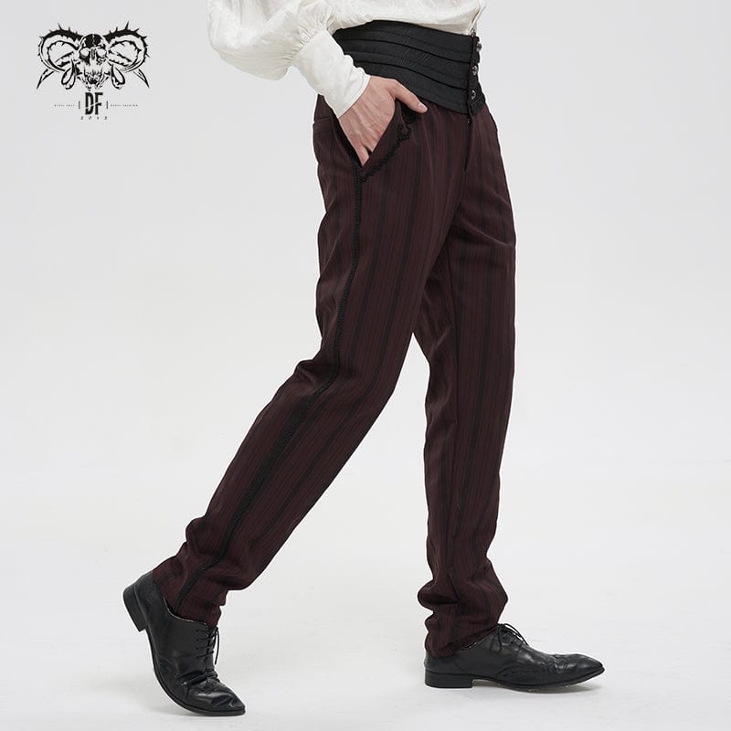 DEVIL FASHION Men's Gothic Ribbed High-waisted Pants Red