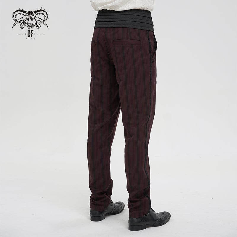 DEVIL FASHION Men's Gothic Ribbed High-waisted Pants Red