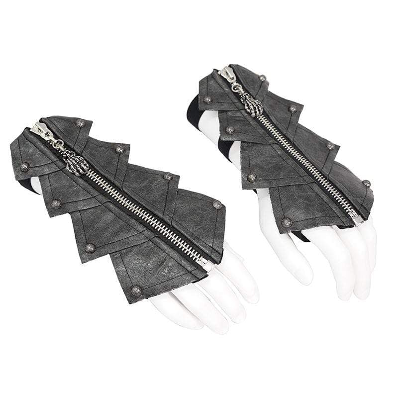 Men's Gothic Rivets Elastic Bandage Black Gloves with Skull Zipper