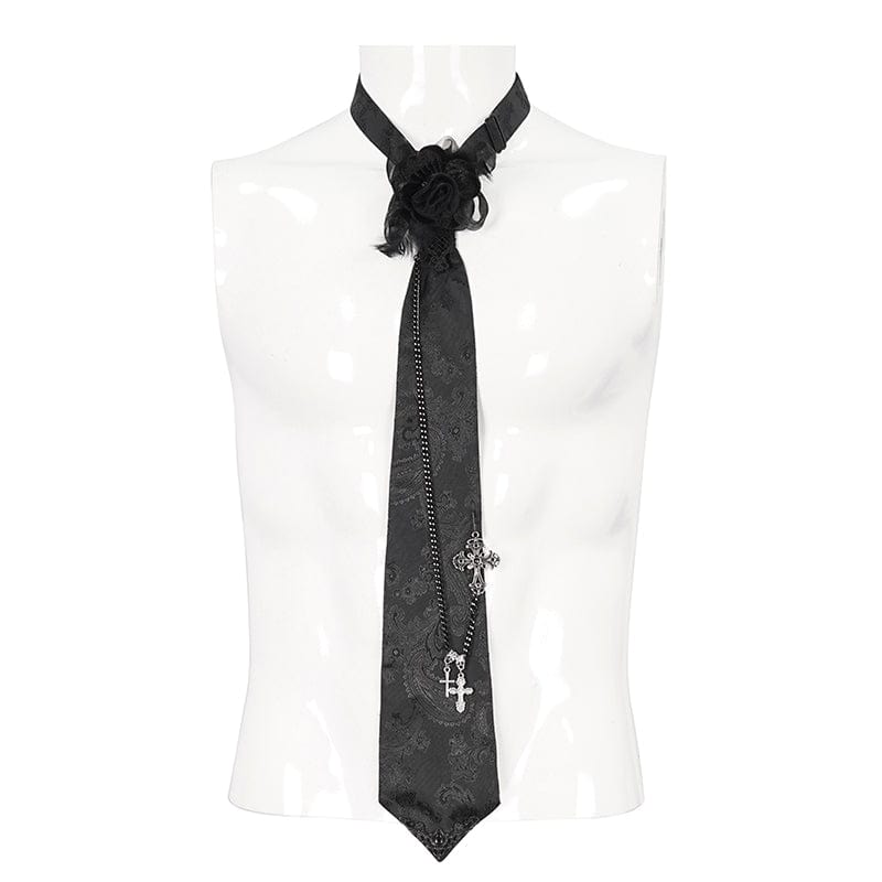 DEVIL FASHION Men's Gothic Rose Feather Necktie with Cross Chain