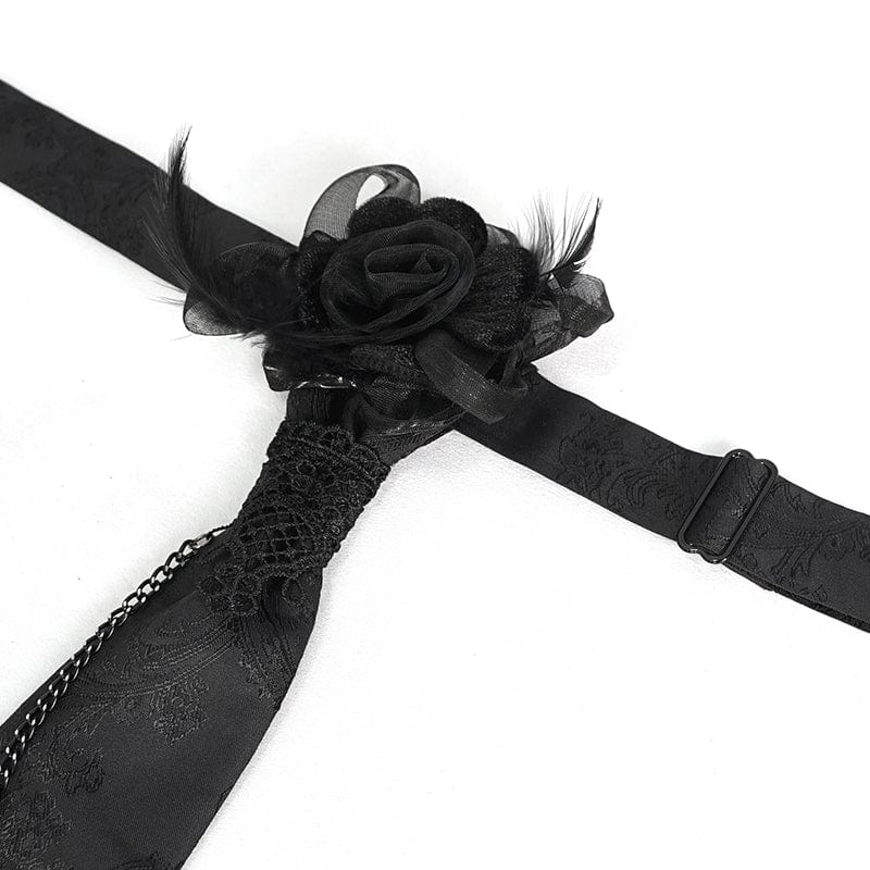 DEVIL FASHION Men's Gothic Rose Feather Necktie with Cross Chain