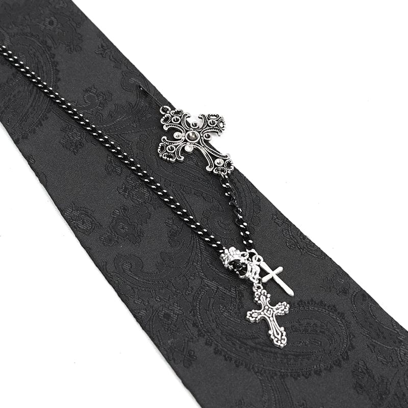 DEVIL FASHION Men's Gothic Rose Feather Necktie with Cross Chain