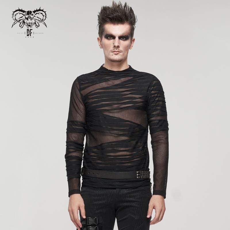 DEVIL FASHION Men's Gothic Ruched Sheer Mesh Shirt