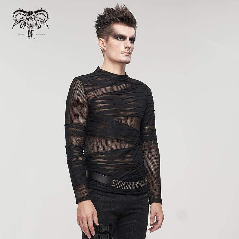 DEVIL FASHION Men's Gothic Ruched Sheer Mesh Shirt