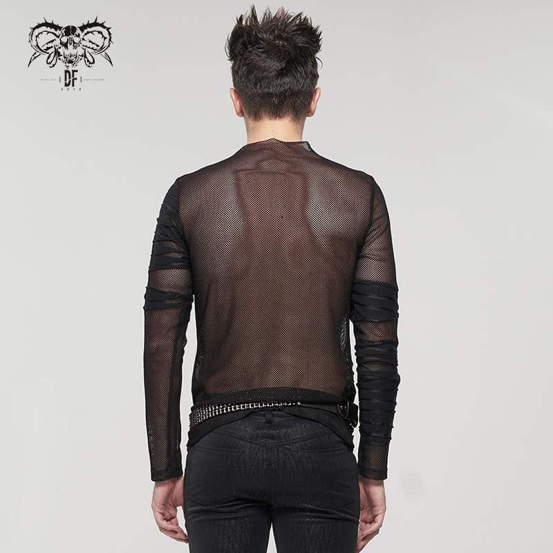 DEVIL FASHION Men's Gothic Ruched Sheer Mesh Shirt