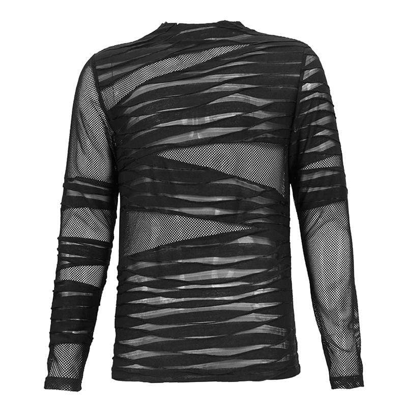 DEVIL FASHION Men's Gothic Ruched Sheer Mesh Shirt