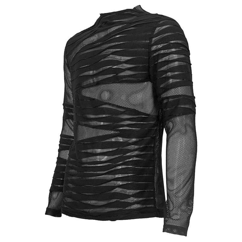 DEVIL FASHION Men's Gothic Ruched Sheer Mesh Shirt