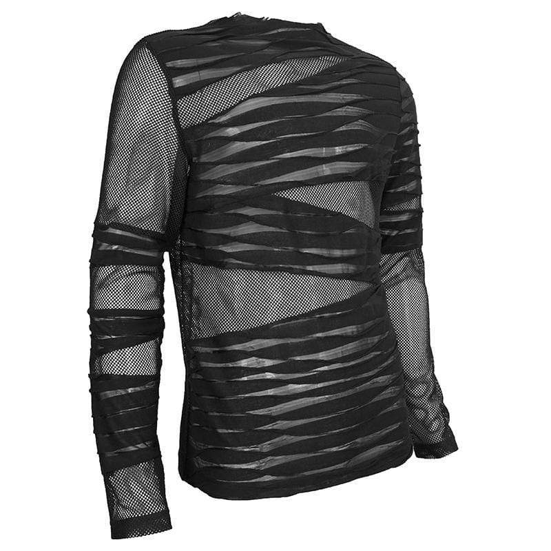 DEVIL FASHION Men's Gothic Ruched Sheer Mesh Shirt