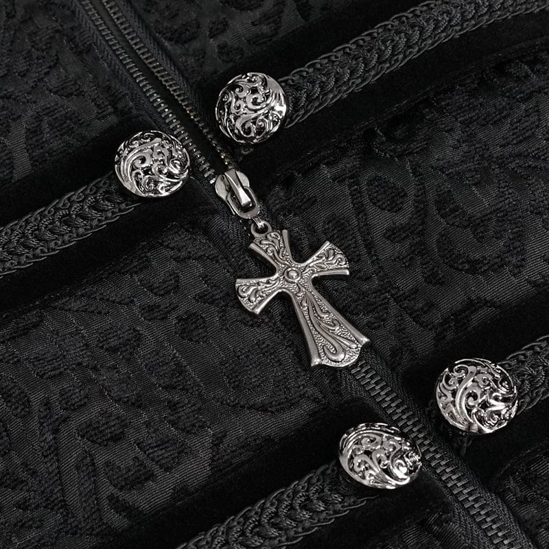 DEVIL FASHION Men's Gothic Stand Collar Embossed Swallow-tailed Coat Black