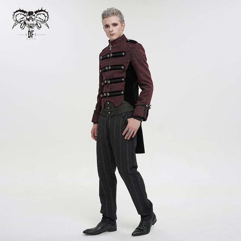 DEVIL FASHION Men's Gothic Stand Collar Embossed Swallow-tailed Coat Red