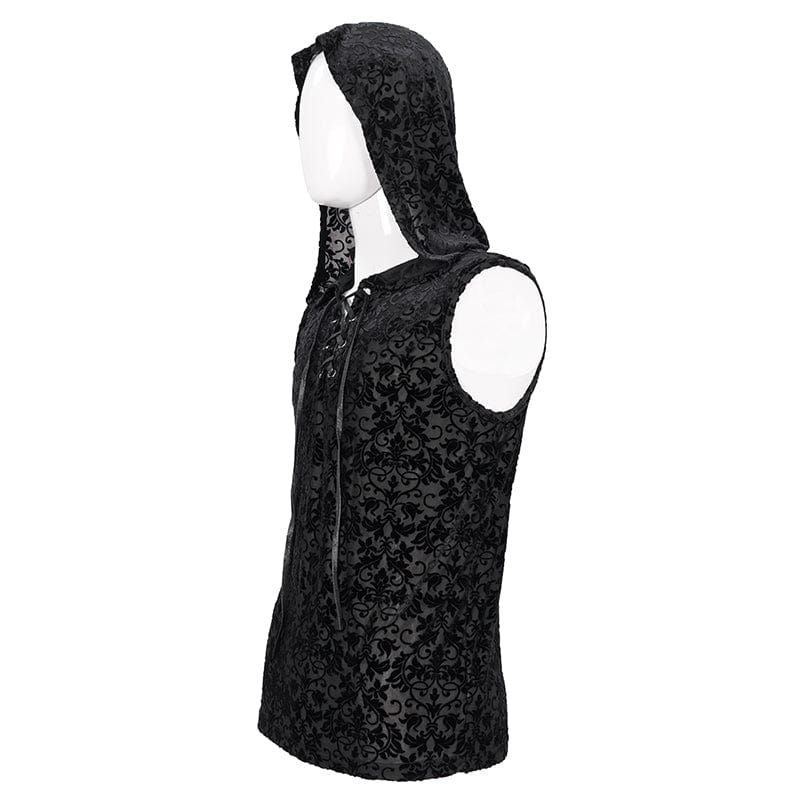 DEVIL FASHION Men's Gothic Strappy Floral Printed Tank Top with Hood