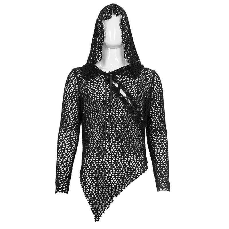 DEVIL FASHION Men's Gothic Strappy Irregular Mesh Shirt with Hood